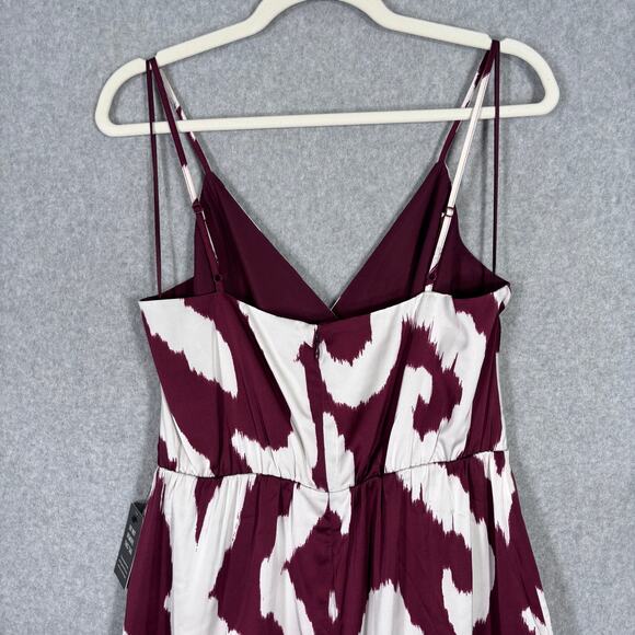 Express Dress Medium Burgundy Midi Satin Wrap Ikat Hi Lo Resort Cruise NEW $98 - Picture 10 of 13